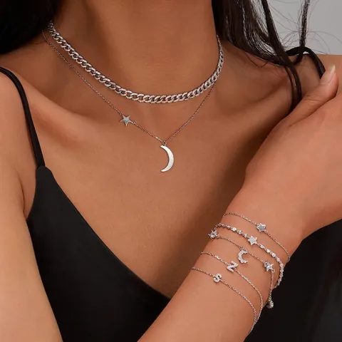 Stern Mond Anhänger Halskette 925 Sterling Silber Elegant Minimalistisch Schlüsselbeinkette Für Damen Schmuck