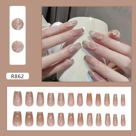 Unghie Finte Forma Di Bara Nude Rosa Ombre Texture Marmo Glitter Patch Per Unghie Artificiali Donne Eleganti Lusso