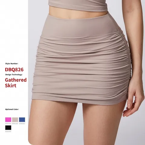 Mini Jupe Froncée Et Top Court À Manches Longues Taille Haute Moulante Nylon Élasthanne Slim Fit Élastique Femmes