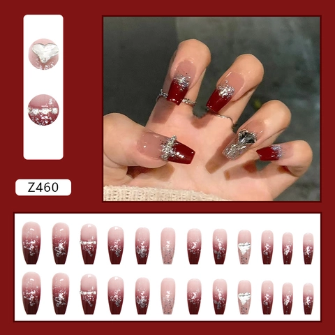 Uñas Postizas A Presión Degradado Rojo Vino Larga Ataúd Brillo Corazón Plateado Diamante De Imitación Uñas Artificiales Para Mujeres Moda