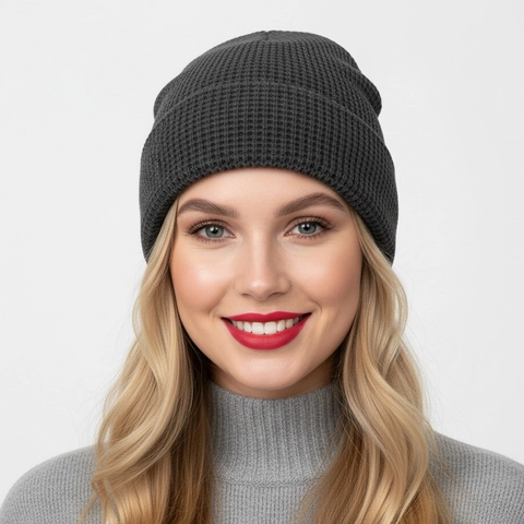 Waffle Knit Beanie Hat Acrylic Warm Winter Thermal Solid Color Folded Cuff Casual Soft Skull Cap Unisex