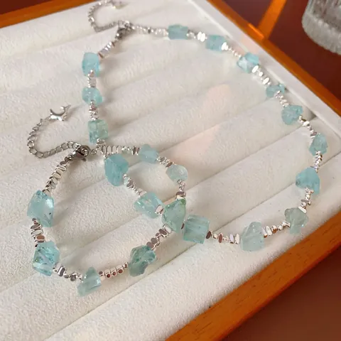Conjunto De Joyería De Piedra Natural Irregular Para Mujer Collar Y Pulsera De Piedras Azules Con Cuentas Plateadas