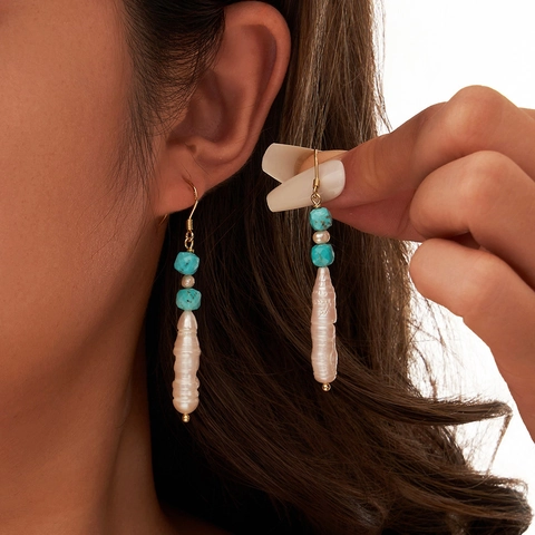 Bohemian 925 Sterling Silver Earring Post Natural Freshwater Pearl Turquoise Drop Earrings Women Vacation Style Jewelry