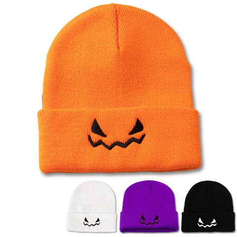 Halloween Pumpkin Face Embroidered Knit Beanie Hat Acrylic Cuffed Warm Winter Headwear For Women Men Funny Festive Gothic