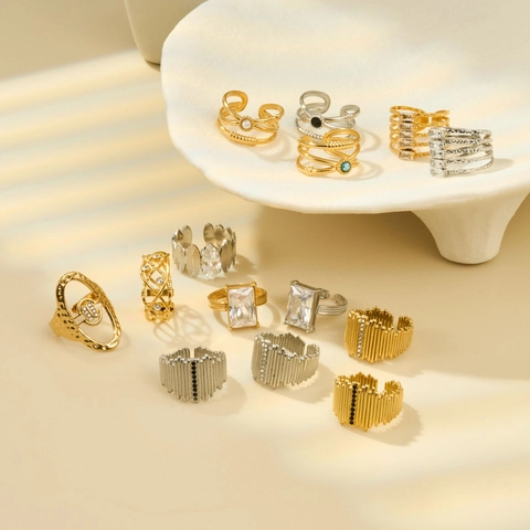 Adjustable Geometric Ring 18K Gold Plated 316L Stainless Steel Zircon Vintage Multi Layer Jewelry For Women