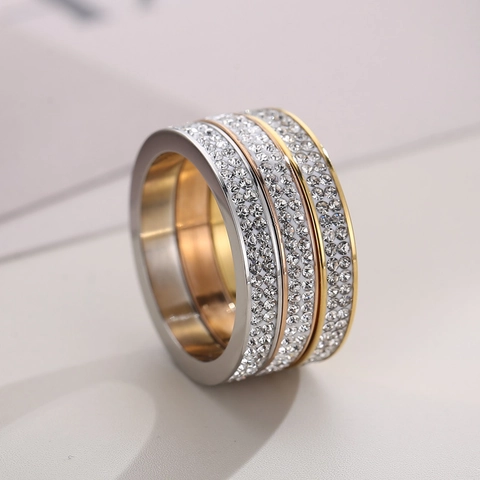 Anillo De Acero Inoxidable Con Doble Fila De Diamantes De Imitación Minimalista Pavé Diamante Banda De Combinación Para Hombres Mujeres
