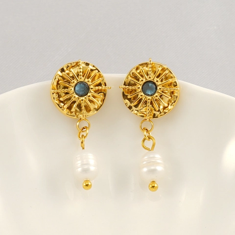 Vintage Sunburst Disc Tropfenohrringe Edelstahl Blauem Zirkonia Und Weißer Künstliche Perle Im Französischen Stil Für Damen