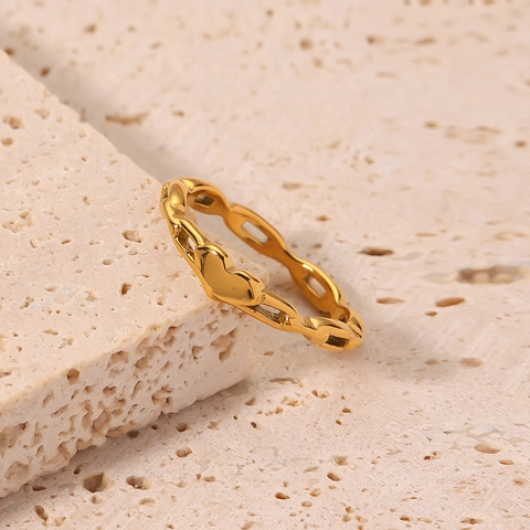 Anello Cuore Catena Cava Placcato Oro 18K Acciaio Al Titanio Geometrico Minimalista Gioielli Di Moda Per Donna