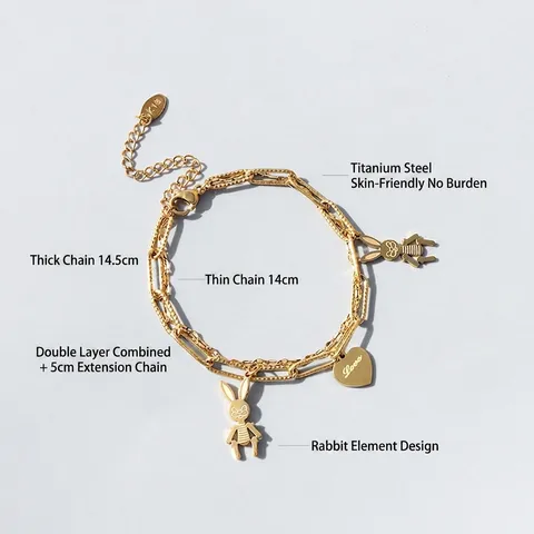 Double Layer Bracelet Bunny Heart Love Charm Titanium Steel 18K Gold Plated Fashion Jewelry For Women