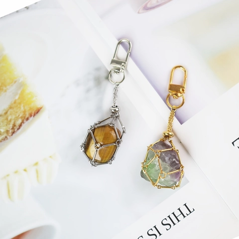 Porte-Clés En Pierre De Cristal Naturel Cage En Métal Creuse Géométrique Pendentif De Sac