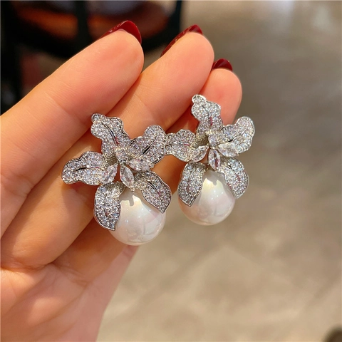 Lily Flower Artificial Pearl Drop Earrings With Silver Earring Post Sparkling Zircon Floral Elegant Bridal Jewelry For Women