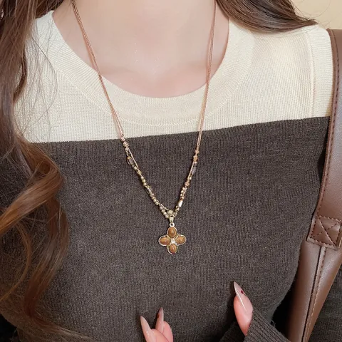 Collana Con Ciondolo A Fiore In Pietra Occhio Di Tigre Lega Retrò Perla Artificial Sintetica Cordino Intrecciato Catena Clavicola