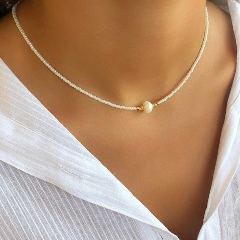Freshwater Pearl Colorful Seed Bead Necklace Minimalist Handmade Boho Jewelry For Women Gold Spacers