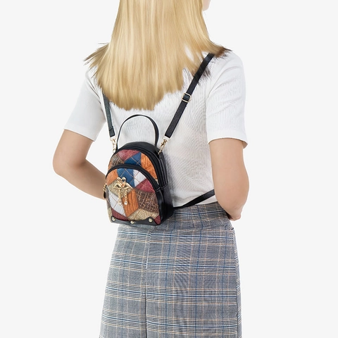 Mode Damen Mini Rucksack Mehrfarbige Patchwork PU Leder Gesteppte Kleine Schultasche Street Style Lässiger Tagesrucksack