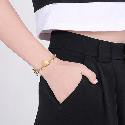 Bracciale Con Pendente A Cuore In Acciaio Inossidabile Catena Spessa Chiusura A T Gioielli Di Moda