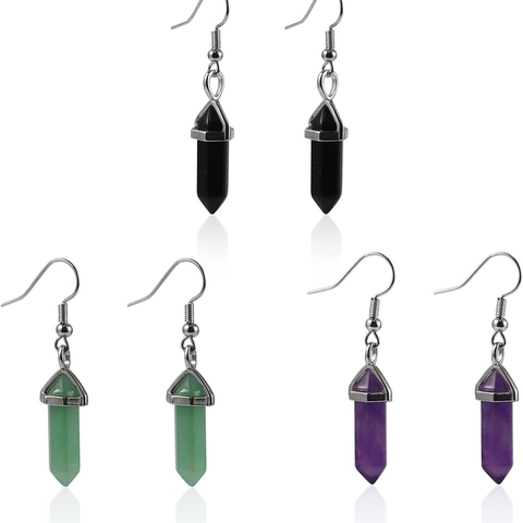 Natural Gemstone Hexagonal Pillar Drop Earrings Crystal Geometric Alloy Hook Bohemian Jewelry For Women