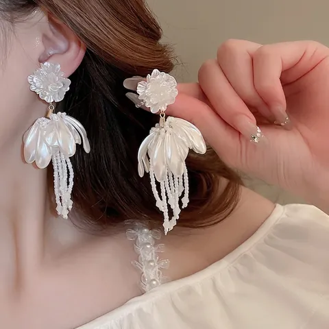 Pendientes De Borla Con Flor Blanca Cuentas De Cristal Acrílico Aleación Y Poste De Plata De Ley 925