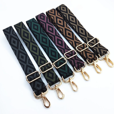 Adjustable Widened Bag Strap Ethnic Rhombus Geometric Pattern Polyester Cotton Replacement Belt Metal Buckle