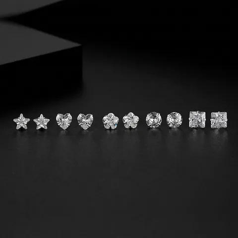 Geometric Stud Earrings Fine Silver Cubic Zirconia Hypoallergenic Minimalist Jewelry For Women Heart Star Shapes