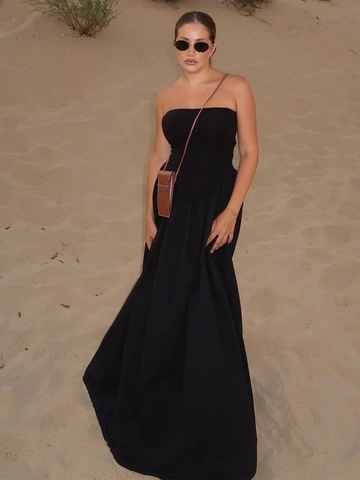 Women Strapless Maxi Dress Polyester Viscose Off Shoulder Sleeveless Backless Solid Color Elegant Party Streetwear