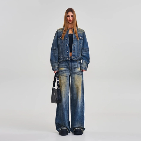 Vintage Washed Denim Jacket For Women Distressed Cotton Jean Coat Streetwear Lapel Slim Fit Outerwear
