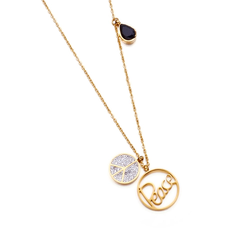 Collar Con Colgante Símbolo De La Paz Acero Inoxidable Diamantes De Imitación Letra Gota De Agua Gema Cadena Doble Mujeres