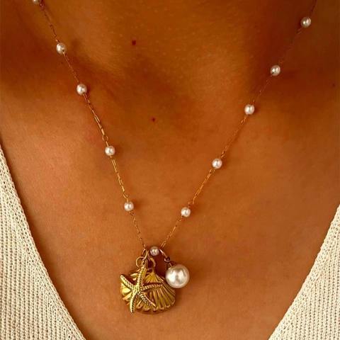 Ocean Starfish Shell Artificial Pearl Pendant Necklace 316L Stainless Steel 18K Gold Plated Beaded Chain Fashion Jewelry For Women