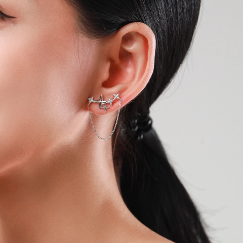 925 Sterling Silver Asymmetric Star Stud Earrings For Women Rhinestone Inlaid Star Tassel Chain Ear Line Fashion Jewelry