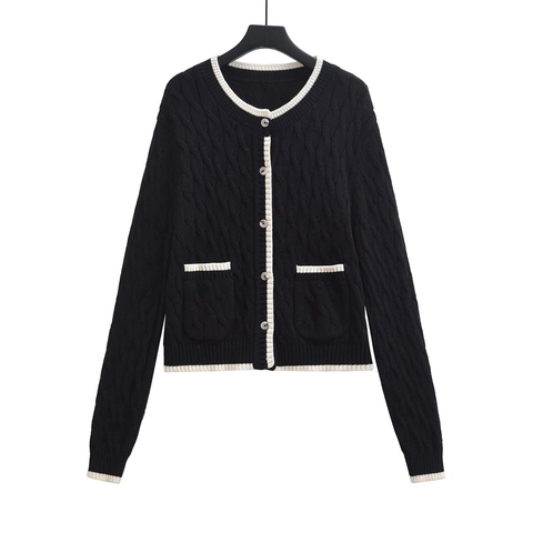 Cardigan In Maglia A Trecce Da Donna Finiture A Contrasto Abbottonato Maniche Lunghe Maglione In Maglia Elegante Chic Con Tasche