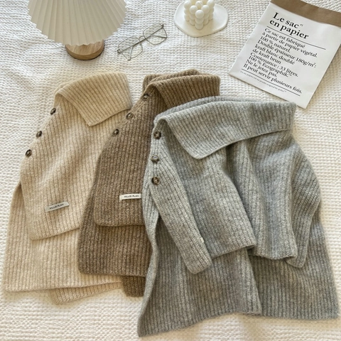 Knitted Neck Warmer Scarf High Collar Turtleneck Dickey With Side Buttons Ribbed Solid Color Winter Warm For Women