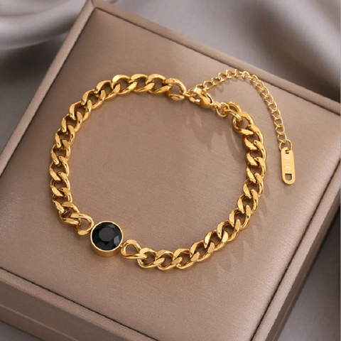 Bracciale a Catena Cubana in Acciaio al Titanio Oro Vintage per Donna Gioielli Punk Minimalisti Intarsiati con Strass Neri Rotondi