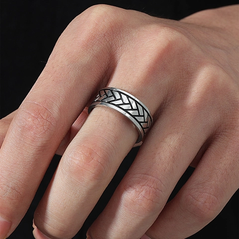 Men Band Ring Stainless Steel Vintage Industrial Punk Retro Geometric Braided Texture Engraved Wide Statement Jewelry Gift
