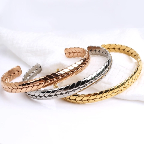 Wheat Ear Open Cuff Bracelet Stainless Steel Woven Texture Polished Bangle Fashion Jewelry For Women Men
