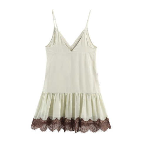 Mini Vestido Sexy Con Cuello En V Y Encaje Tirantes Espagueti Patchwork Color Contrastado Dobladillo Con Volantes Sin Mangas Estilo Lolita