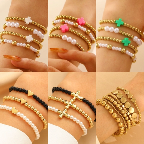 Bohemian Beaded Bracelet Alloy CCB Beads Imitation Artificial Pearl Polymer Clay Cross Heart Star Pendants Elastic Bangle For Women