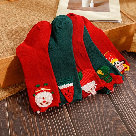 Calcetines Navidad Niños Algodón Peinado Bordado 3D Papá Noel Reno Media Pantorrilla Invierno Suave Cálido Bebé Niño