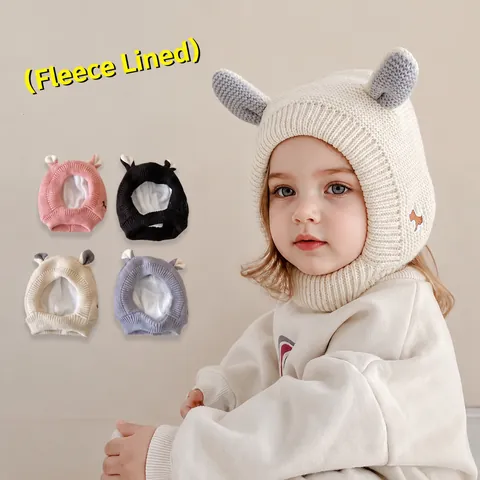 Baby Winter Knit Hooded Hat Fleece Lined Earflap Balaclava Cute Animal Ears Dog Embroidery Warm Windproof For Infant Toddler