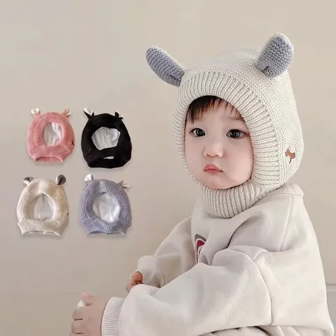 Baby Winter Knit Hooded Hat Fleece Lined Earflap Balaclava Cute Animal Ears Dog Embroidery Warm Windproof For Infant Toddler