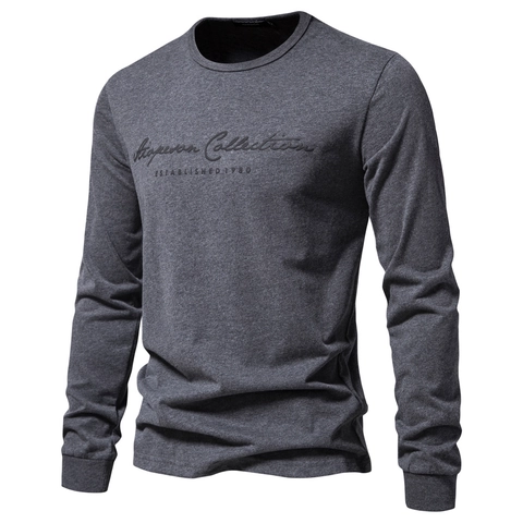 Men Long Sleeve T-Shirt Pure Cotton Crew Neck Slim Fit Casual Base Layer With Letter Print