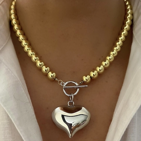 Herz Anhänger Halskette Kupfer Perlenkette Zweifarbig Knebelverschluss Minimalistischer Clavicle Schmuck Damen