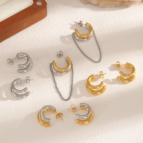Stainless Steel C-Shaped Hoop Earrings For Women Double Layer Geometric Minimalist Gold Silver Two-Tone Studs Chain