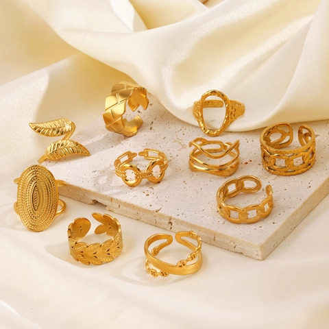 Stainless Steel Geometric Oval Ring For Women French Vintage Chain Design Gold Plated Adjustable Open Jewelry
