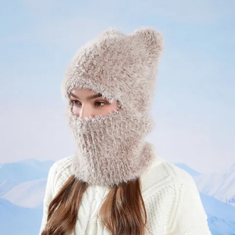 Winter Warme Balaclava Mütze Mit Katzenohren Kunstfell Winddichte Gesichtsmaske Halswärmer Gestrickte Skihaube Für Damen
