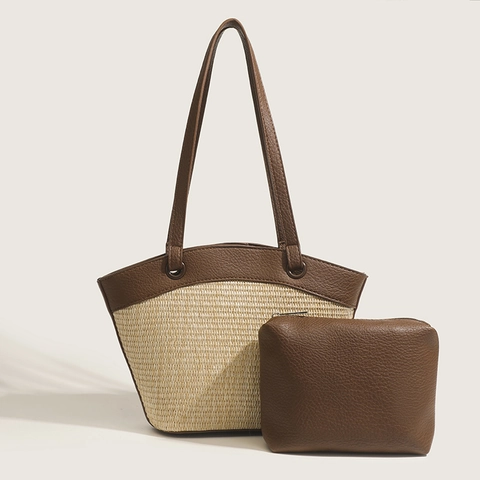 Stroh Patchwork Tote Schultertasche Damen Sommer Strand Urlaub Retro Französischer Stil Handtasche Mit Innentasche Magnetverschluss