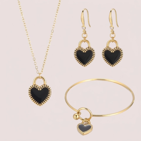 Heart Lock Pendant Necklace Stud Earrings And Bangle Stainless Steel Enamel Plated Jewelry For Women Trendy