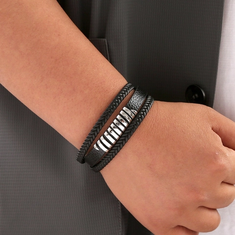 Men Multi Layer Braided Leather Bracelet With Stainless Steel Magnetic Buckle Vintage Fashion Jewelry Hand Accessory Black