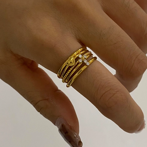 Anello Aperto Regolabile Multistrato In Acciaio Inossidabile Placcato Oro Con Ciondolo A Cuore E Croce In Zircone Per Donna