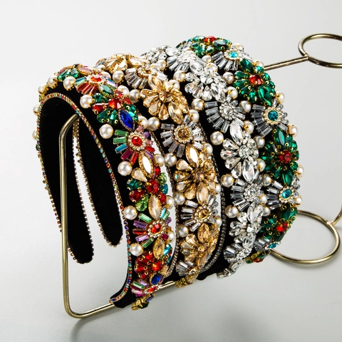 Luxury Baroque Rhinestone Artificial Pearl Padded Headband For Women Vintage Sparkling Jewelry Hair Accessory For Wedding Party