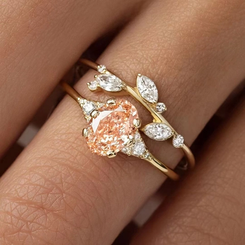 Stackable Oval Champagne Cubic Zirconia Copper Rings Floral Leaf Branch Design Elegant Bridal Jewelry For Women