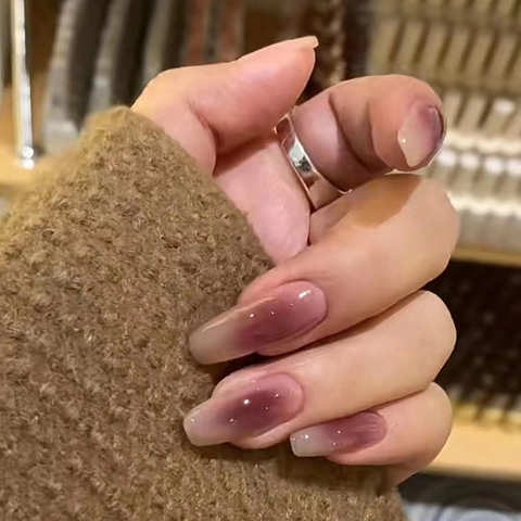 Ombre Rose Blush Aufklebbare Nägel Ballerina Coffin Form Glänzend Künstliche Falsche Fingernägel Einfacher Ins Stil Frauen